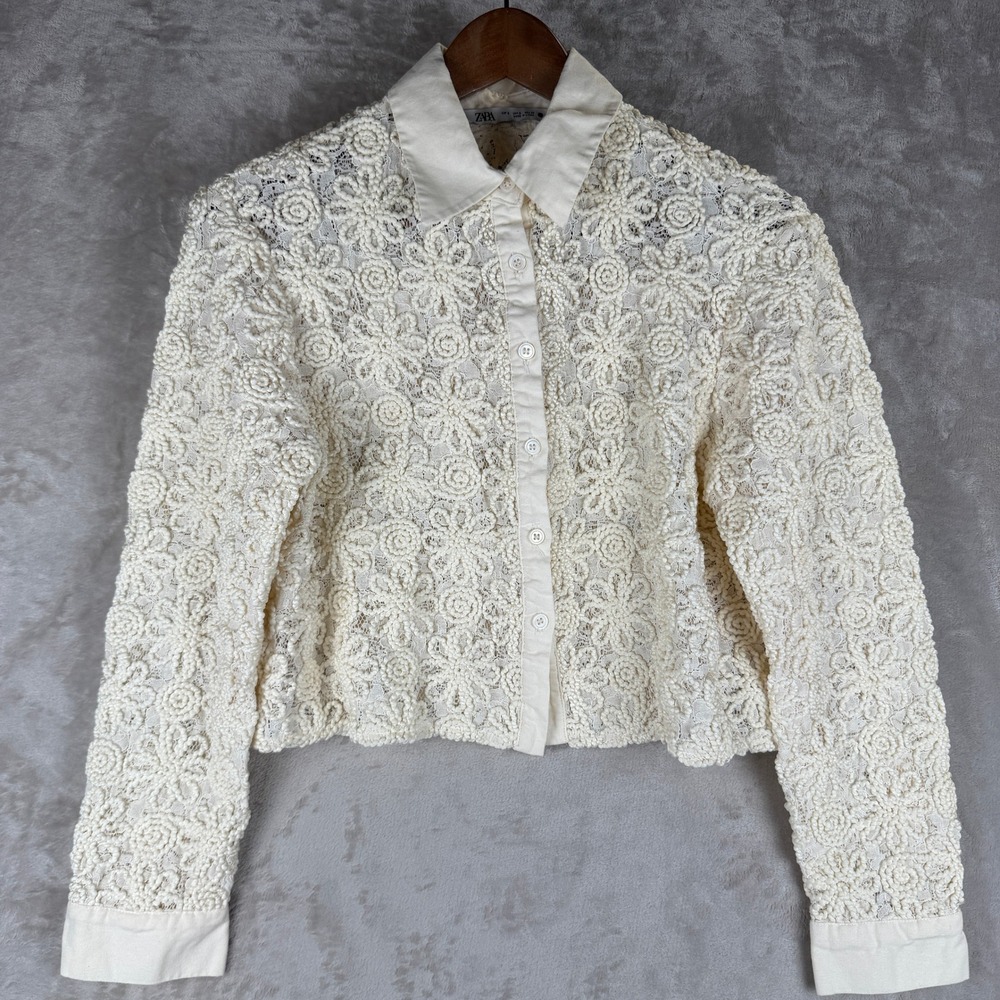 Zara Cream Floral Guipure Lace Cropped Button Down Shirt Long Sleeve Small